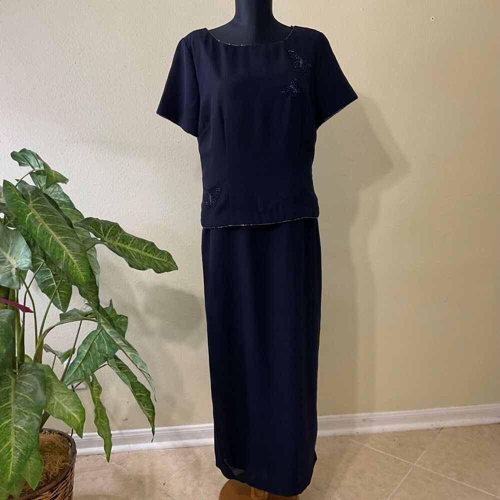 Ultra NY Formal MOB Maxi Dress Gown Blue beaded sequin butterflies sz. 12